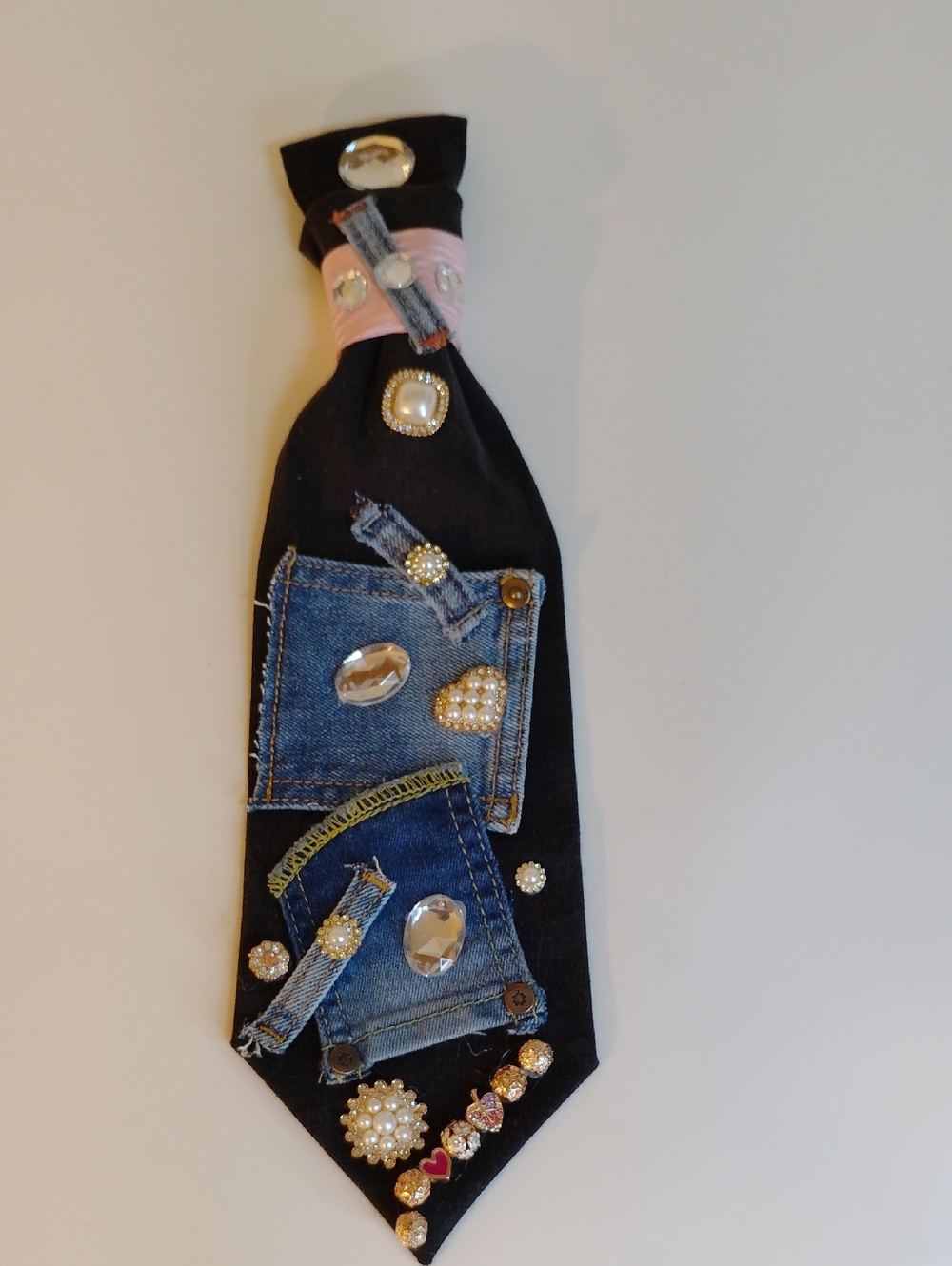 Embellished Black Tie with Denim Pocket Accents and Rhinestones